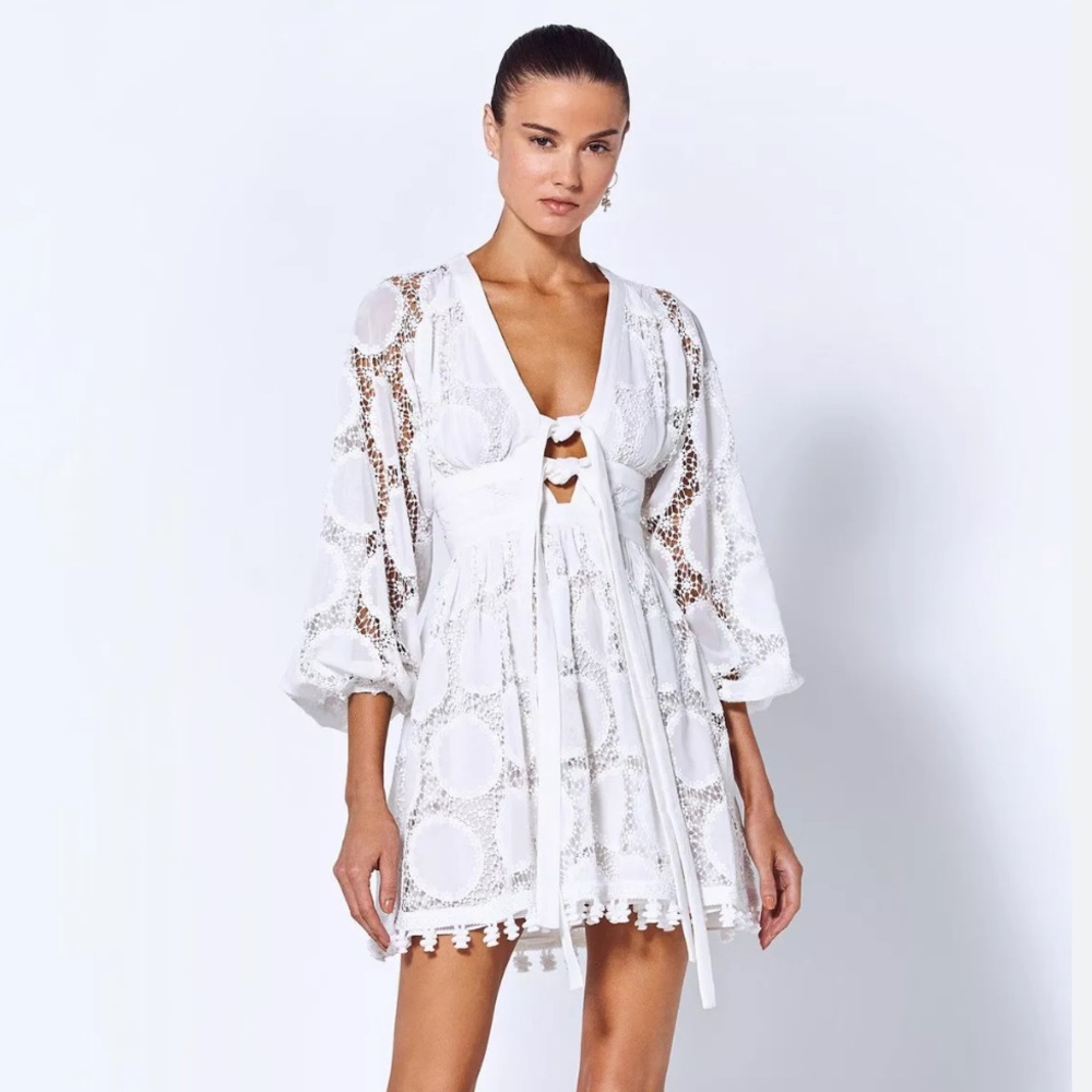 Alexis White Eyelet Mini Dress with Pom Trim